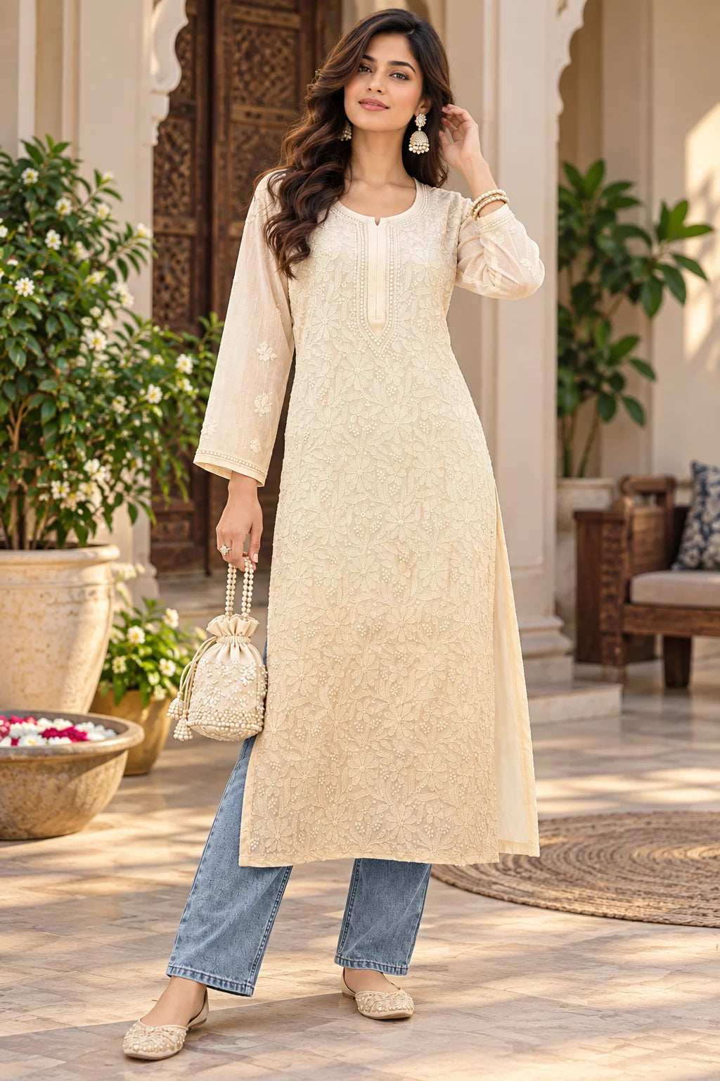 Lucknow Fashion Diary Hand Embroidered Lucknowi Chikankari Women coffee Viscose Kurta