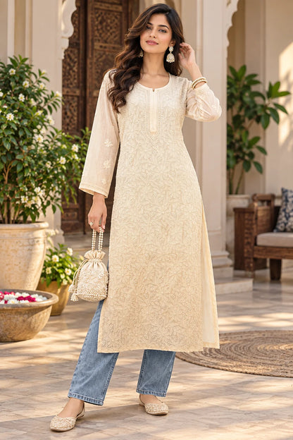 Lucknow Fashion Diary Hand Embroidered Lucknowi Chikankari Women coffee Viscose Kurta