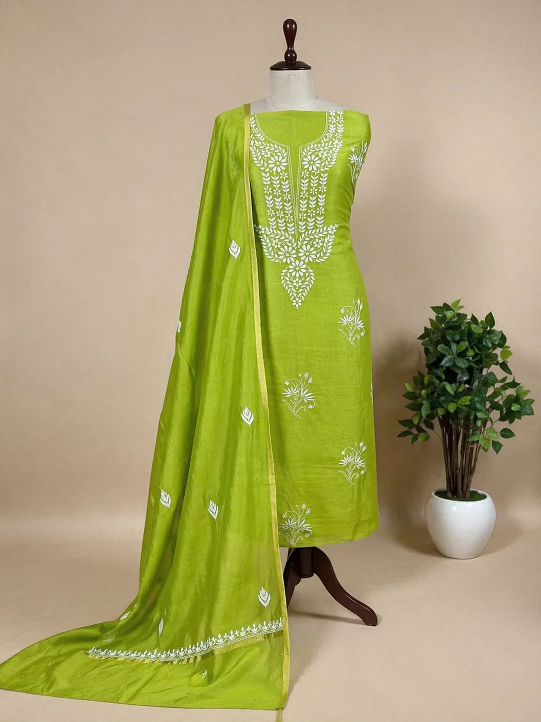 Lucknow Fashion Diary Hand Embroidered Lucknowi Chikankari Women's Unstitched Green Chanderi Kurta Dupatta Fabric 