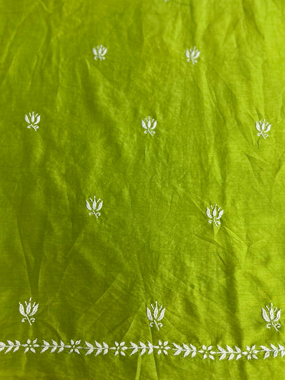 Lucknowi chikankari Green fabric with white floral patterns