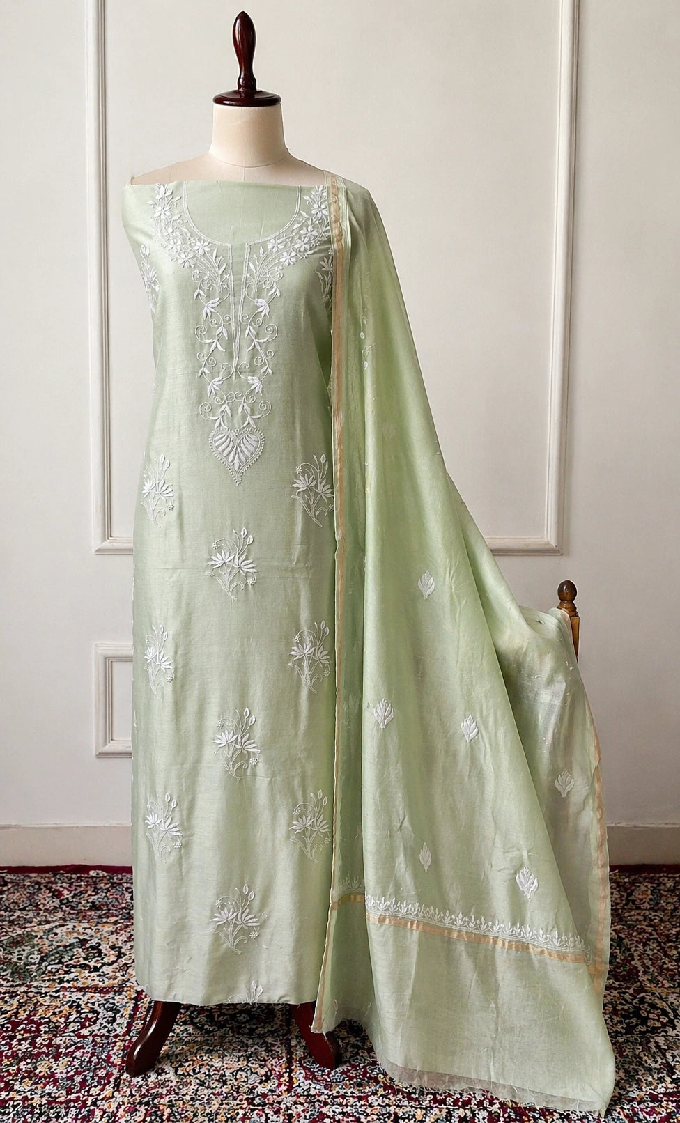 Lucknow Fashion Diary Hand Embroidered Lucknowi Chikankari Women's Unstitched Green Chanderi Kurta Dupatta Fabric 