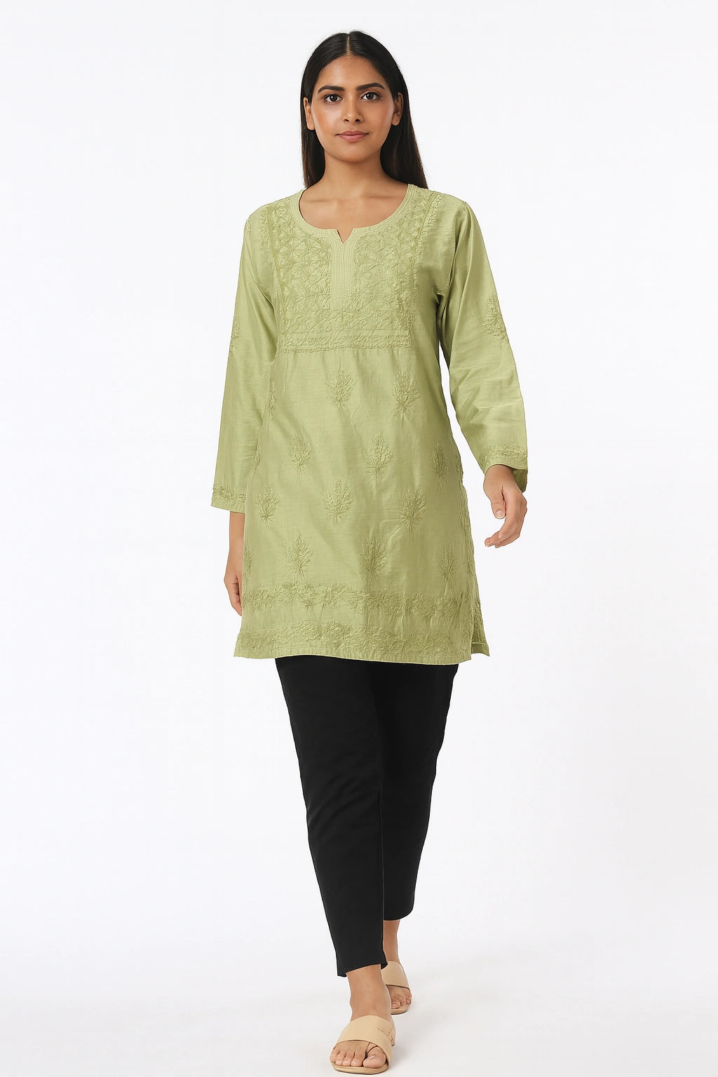 Lucknow Fashion Diary Hand Embroidered Lucknowi Chikankari Women's Green Chanderi Short Kurti 