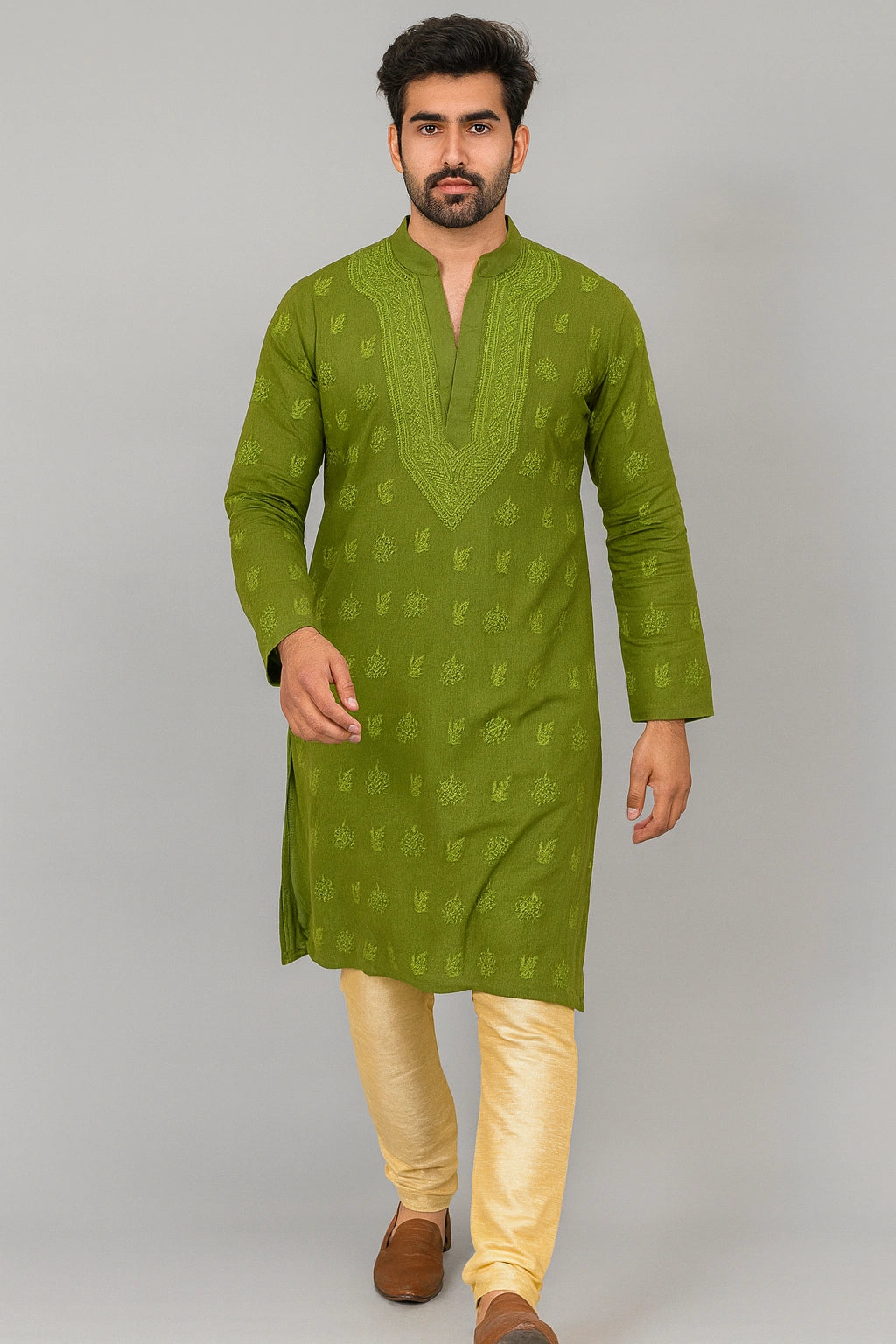 Lucknow Fashion Diary Hand Embroidered Lucknowi Chikankari Men's Green Cotton Kurta
