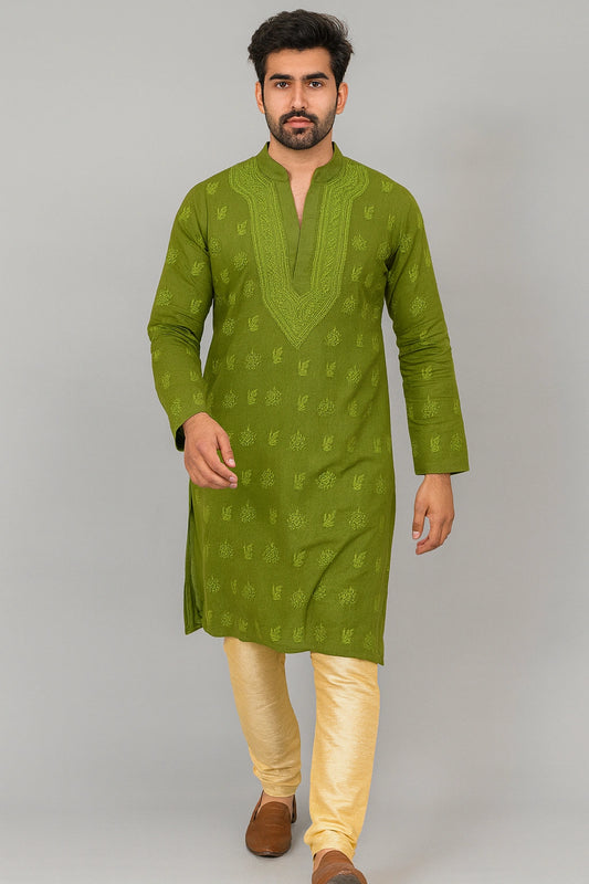 Lucknow Fashion Diary Hand Embroidered Lucknowi Chikankari Men's Green Cotton Kurta