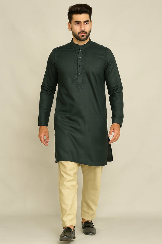 Lucknow Fashion Diary Hand Embroidered Lucknowi Chikankari Men's Green Cotton Kurta