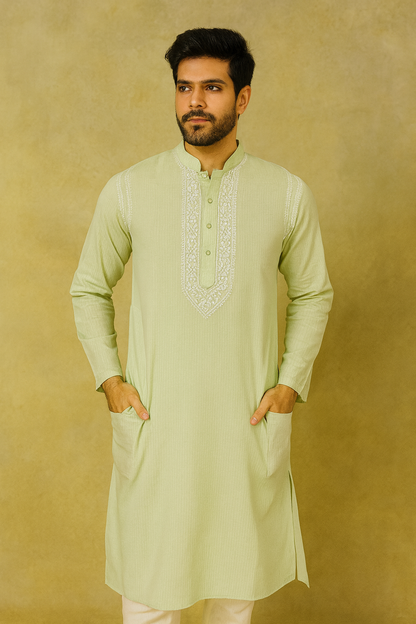 Man wearing a lucknowi chikankari light green kurta with white embroidery against a beige background