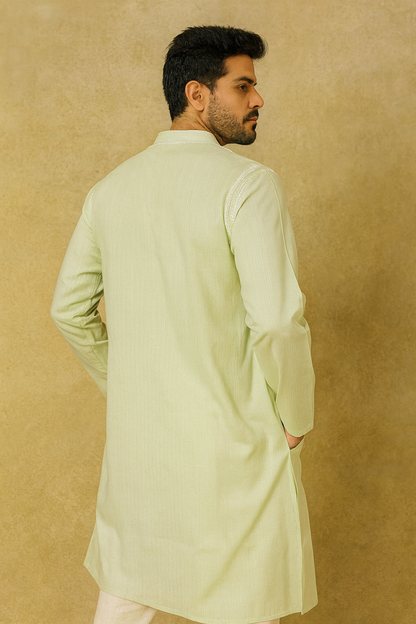 Man wearing a lucknowi chikankari light green kurta against a beige background