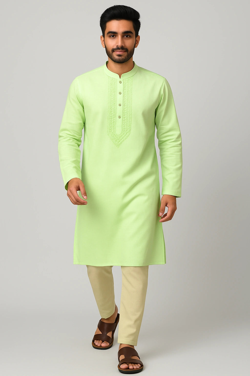 Lucknow Fashion Diary Hand Embroidered Lucknowi Chikankari Men's Green Cotton Kurta