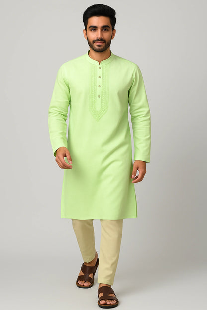 Lucknow Fashion Diary Hand Embroidered Lucknowi Chikankari Men's Green Cotton Kurta