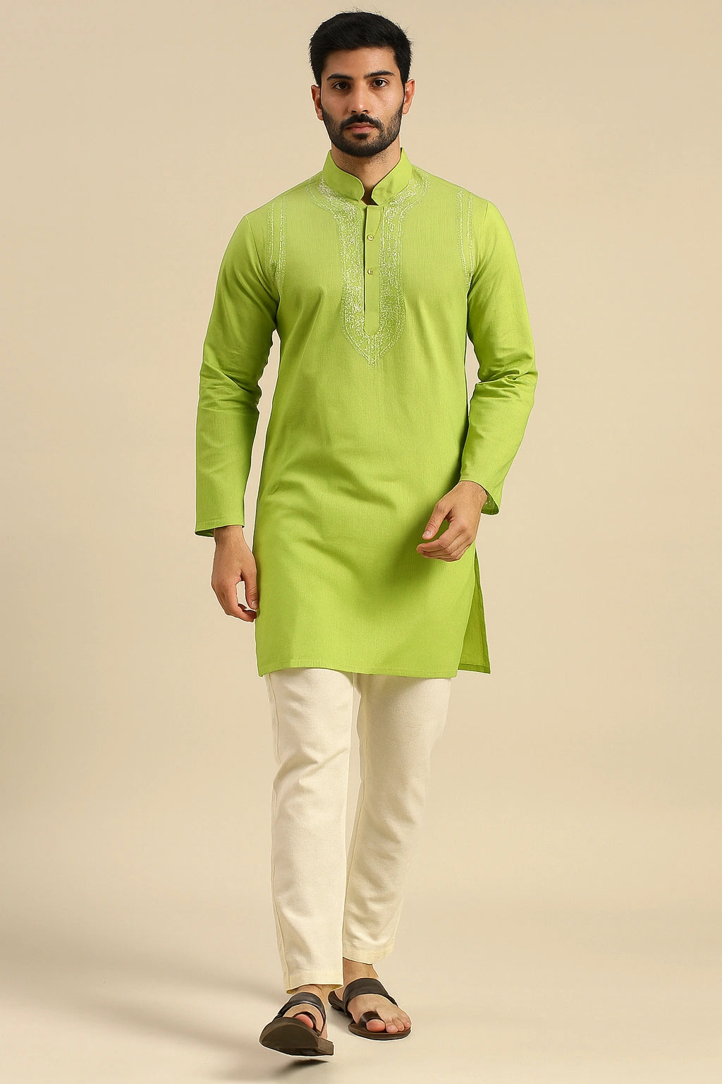 Lucknow Fashion Diary Hand Embroidered Lucknowi Chikankari Men's Green Cotton Kurta