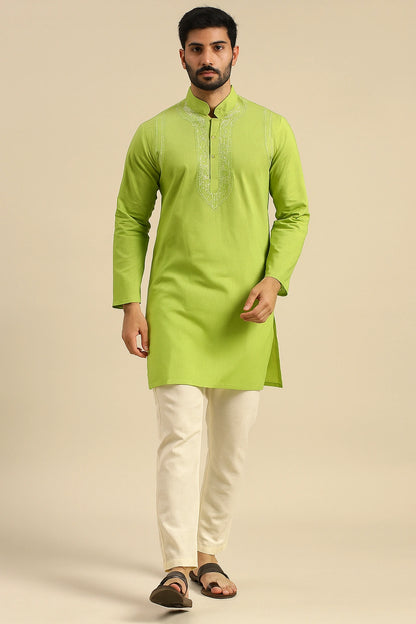 Lucknow Fashion Diary Hand Embroidered Lucknowi Chikankari Men's Green Cotton Kurta