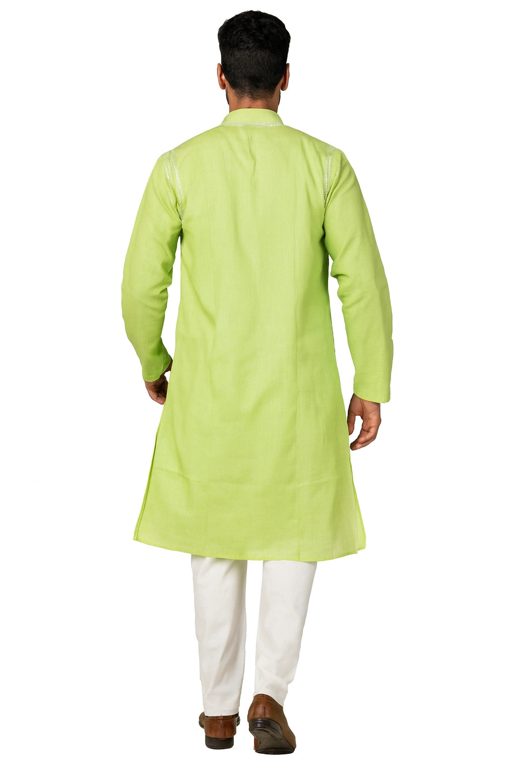 Man wearing a lucknowi light green kurta with white pants on a white background