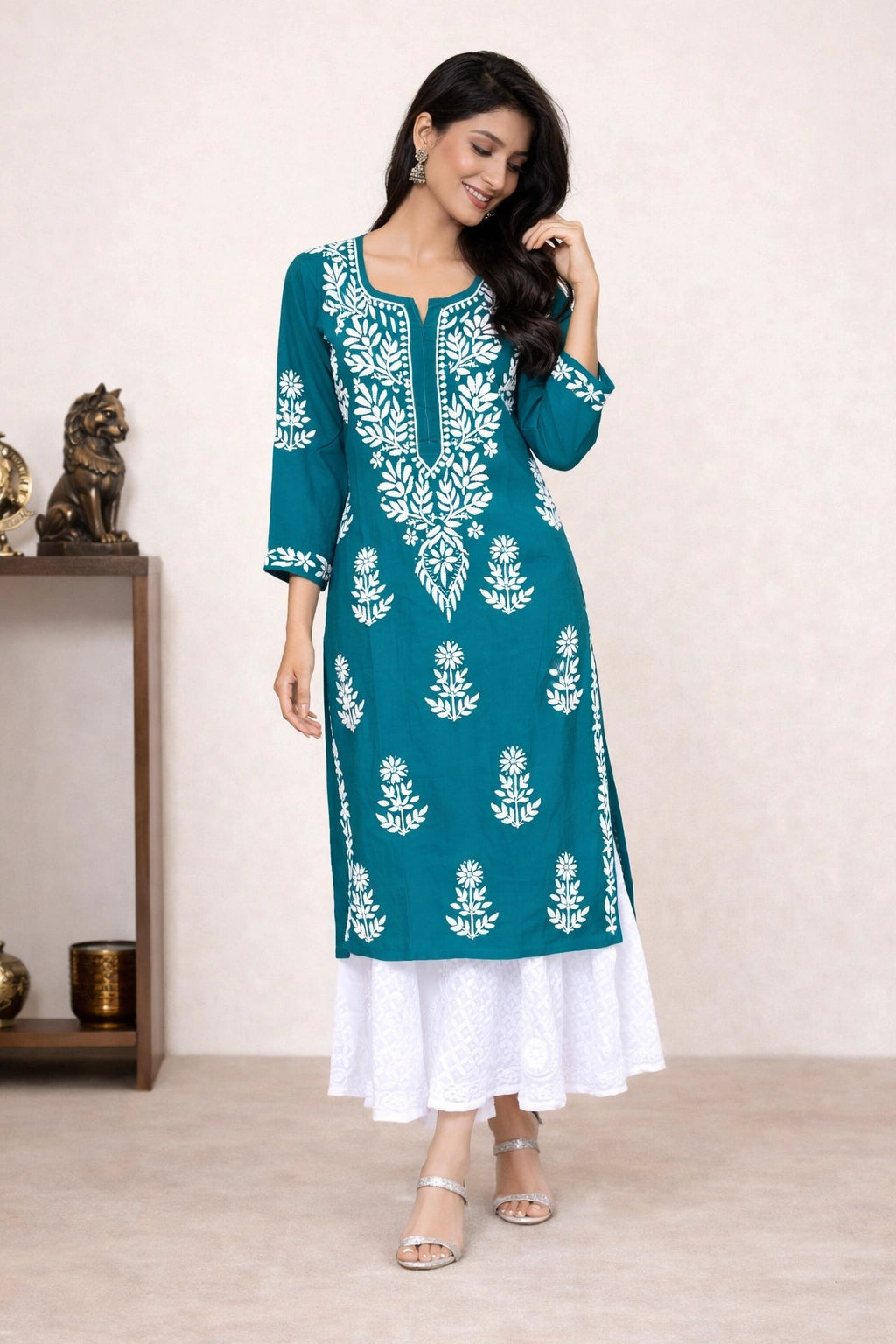 Lucknow Fashion Diary Hand Embroidered Lucknowi Chikankari Women's Green Cotton Kurti 