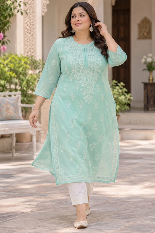 Lucknow Fashion Diary Hand Embroidered Lucknowi Chikankari Women's Plus Size Green Cotton Kurti 