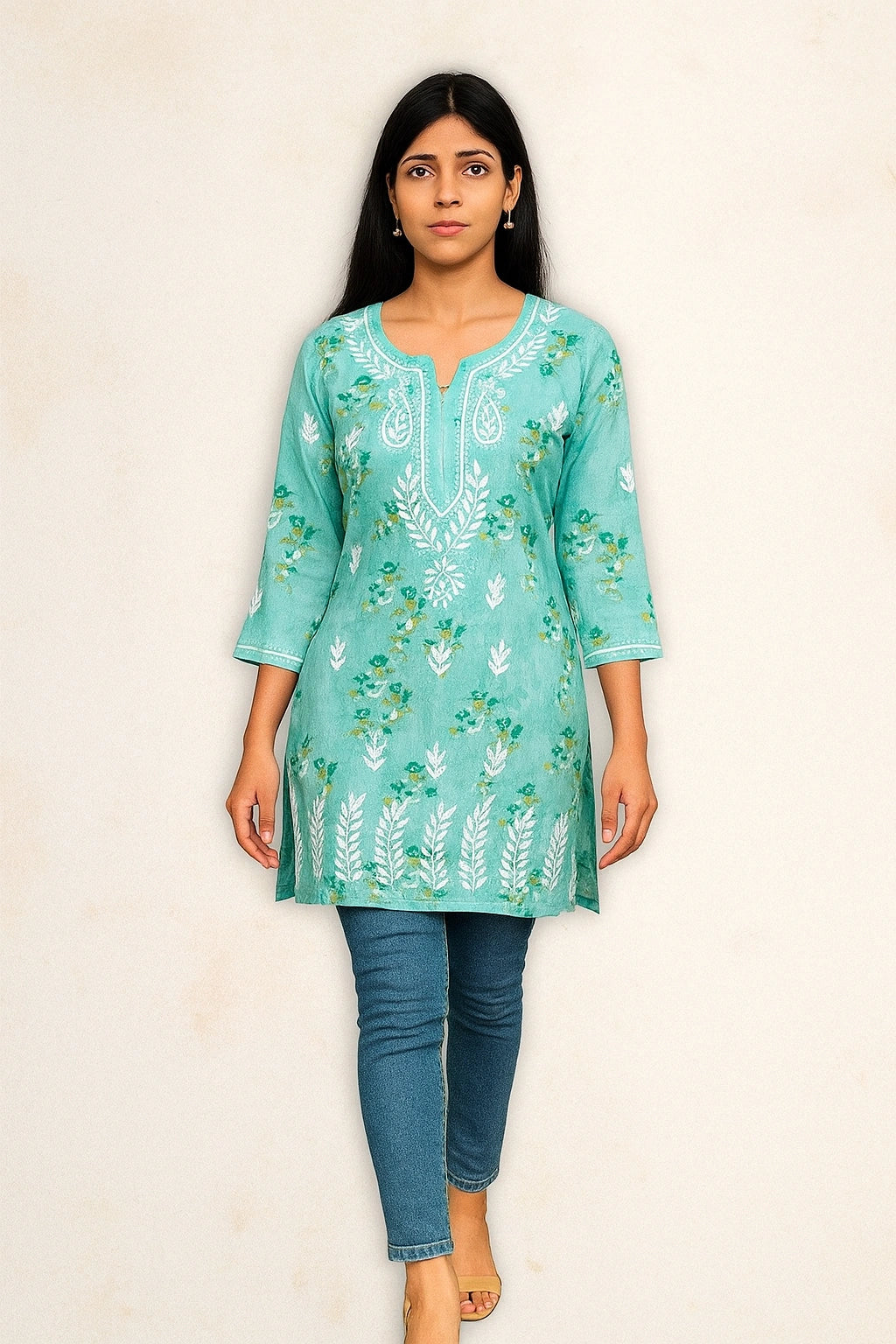 Lucknow Fashion Diary Hand Embroidered Lucknowi Chikankari Women's Green Cotton Short Kurti 