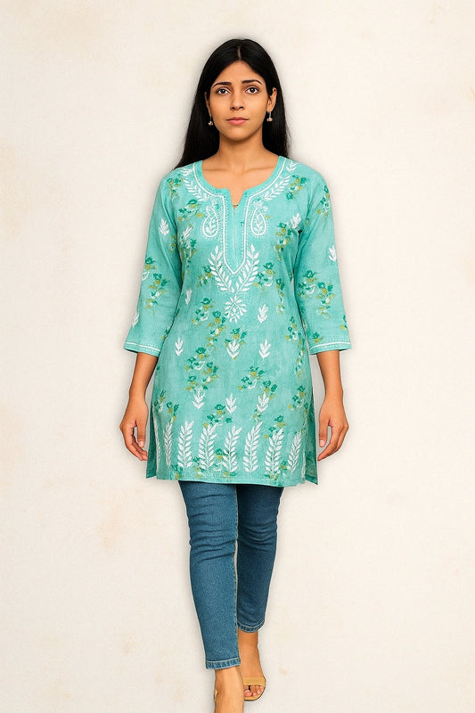 Lucknow Fashion Diary Hand Embroidered Lucknowi Chikankari Women's Green Cotton Short Kurti 