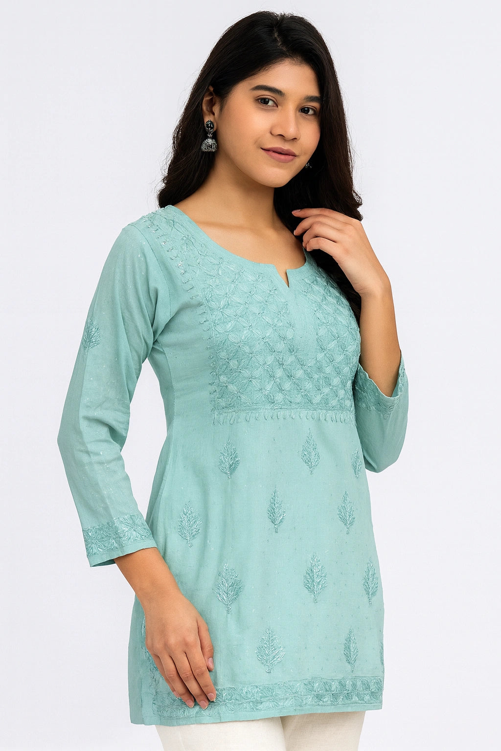 Lucknow Fashion Diary Hand Embroidered Lucknowi Chikankari Women's Green Dobby Cotton Short Kurti 