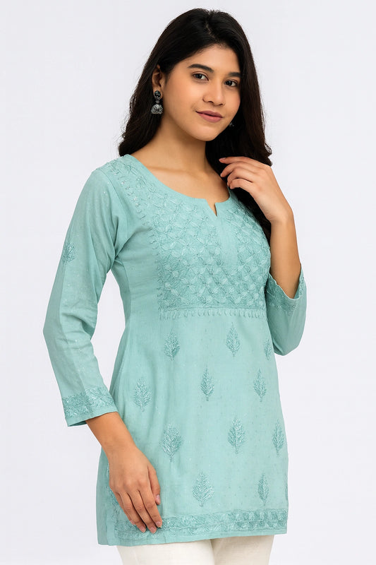 Lucknow Fashion Diary Hand Embroidered Lucknowi Chikankari Women's Green Dobby Cotton Short Kurti 
