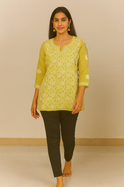 Lucknow Fashion Diary Hand Embroidered Lucknowi Chikankari Women's Green Cotton Short Kurti 