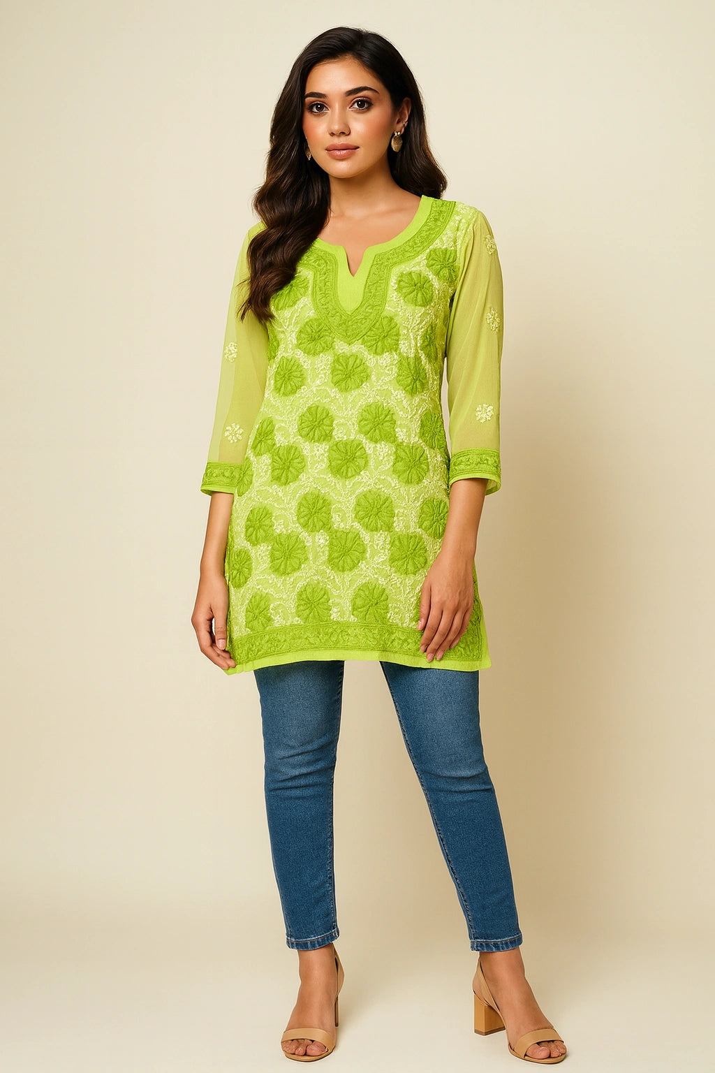 Lucknow Fashion Diary Hand Embroidered Lucknowi Chikankari Women's Green Georgette Short Kurti