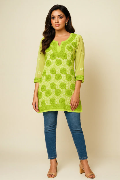 Lucknow Fashion Diary Hand Embroidered Lucknowi Chikankari Women's Green Georgette Short Kurti