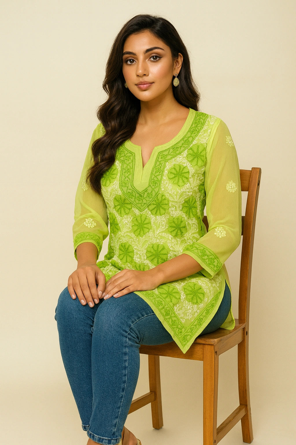 Woman wearing a green embroidered top sitting on a wooden chair against a beige background