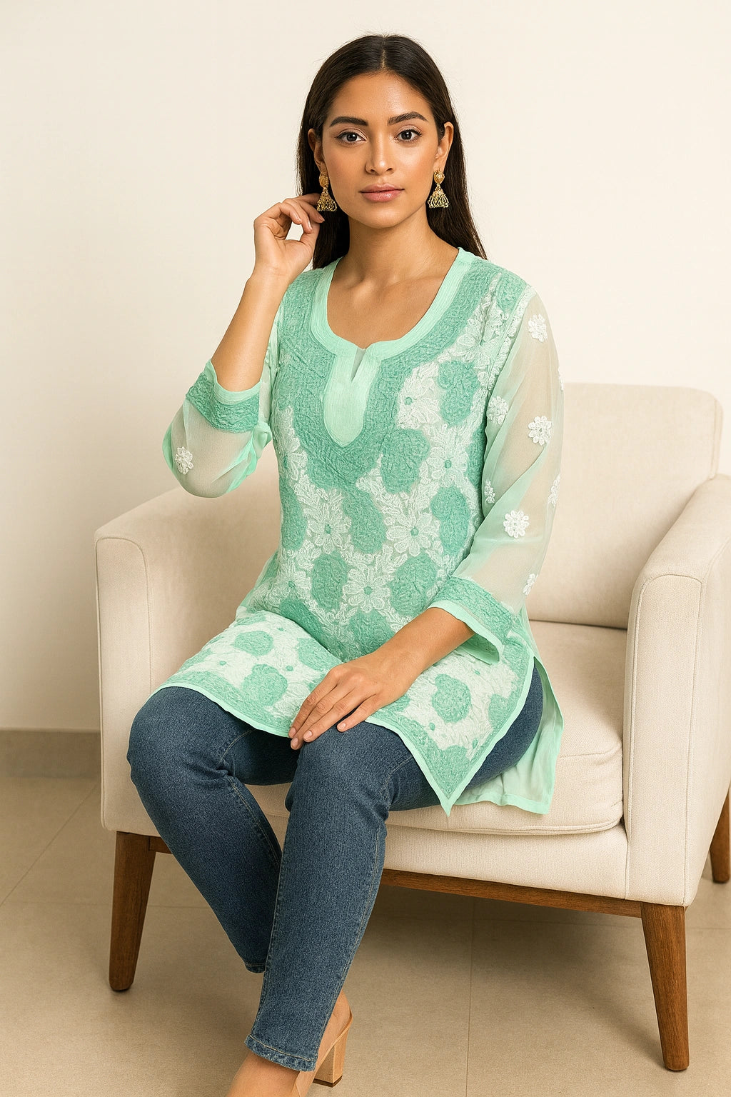 Lucknow Fashion Diary Hand Embroidered Lucknowi Chikankari Women's Green Georgette Short Kurti