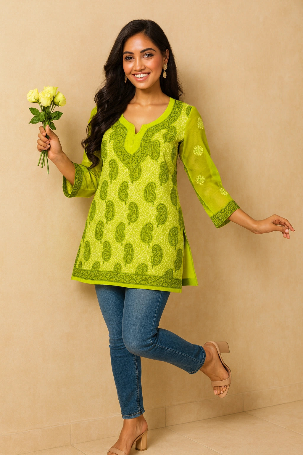 Lucknow Fashion Diary Hand Embroidered Lucknowi Chikankari Women's Green Georgette Short Kurti