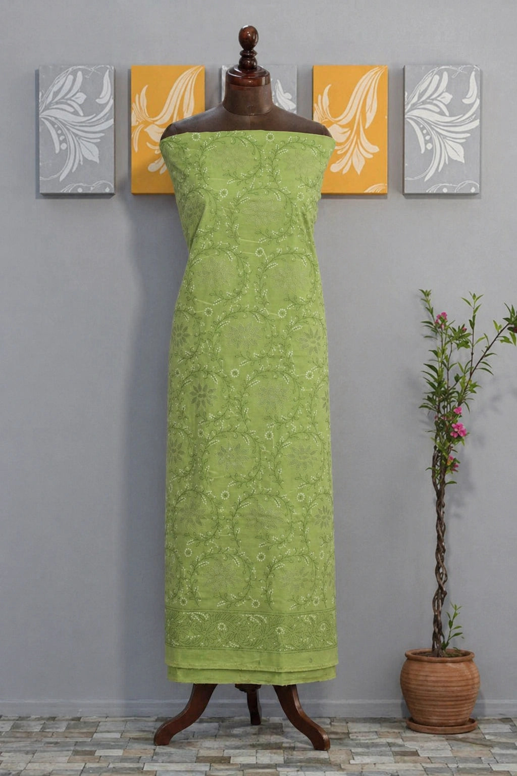 Lucknow Fashion Diary Hand Embroidered Lucknowi Chikankari Women's Unstitched Green Cotton Kurta Bottom Fabric 