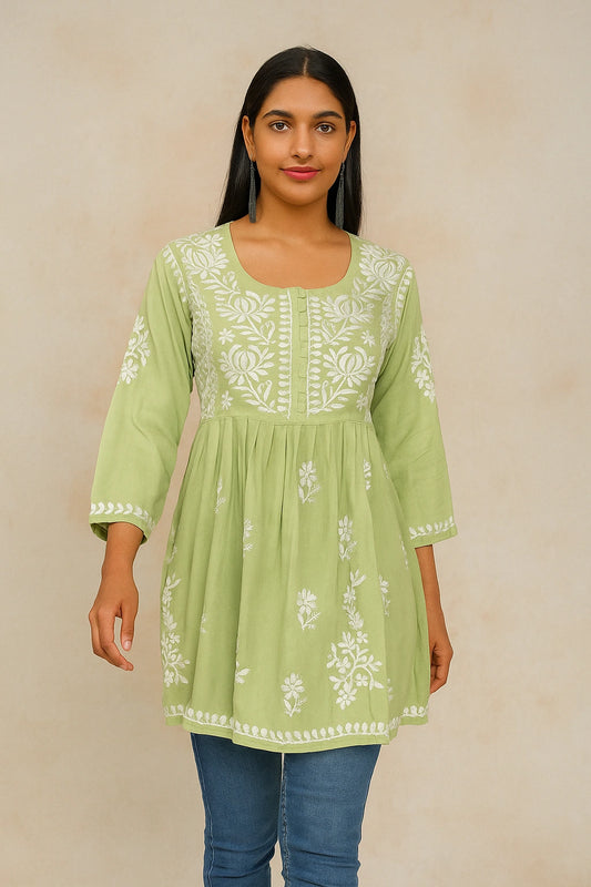 Lucknow Fashion Diary Hand Embroidered Lucknowi Chikankari Women's Green Modal Short Kurti 