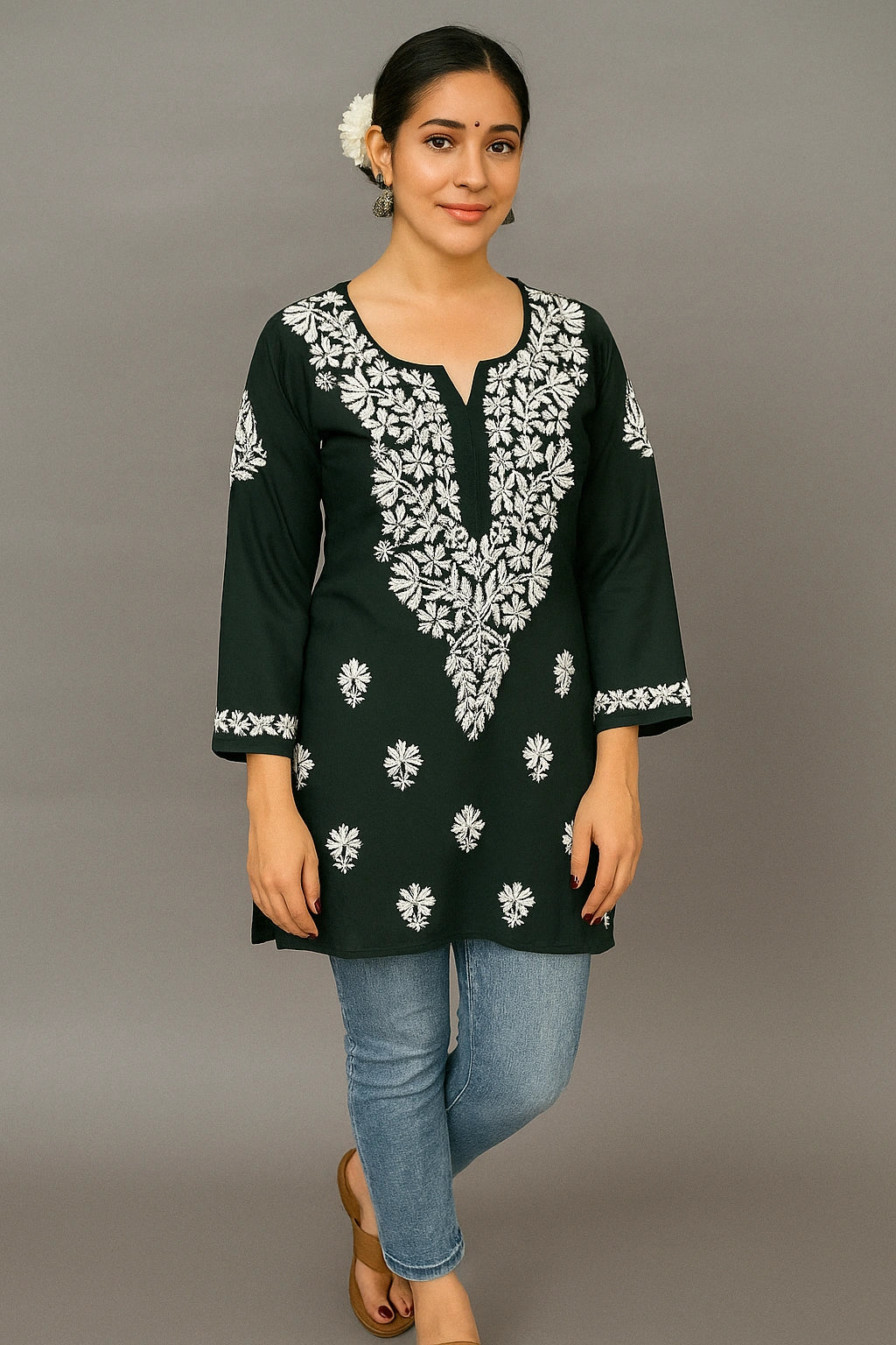 Lucknow Fashion Diary Hand Embroidered Lucknowi Chikankari Women's Green Modal Short Kurti 