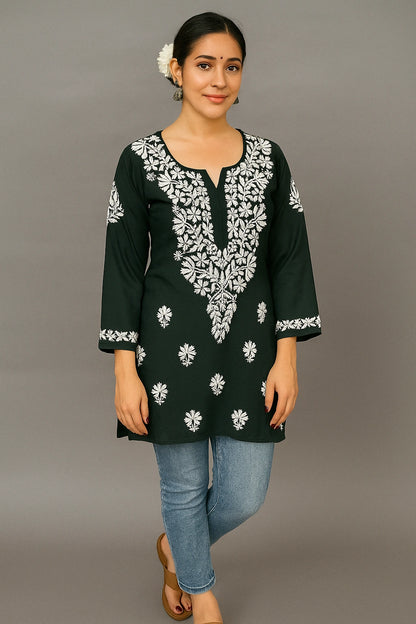 Lucknow Fashion Diary Hand Embroidered Lucknowi Chikankari Women's Green Modal Short Kurti 