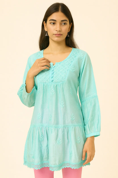 Lucknow Fashion Diary Hand Embroidered Lucknowi Chikankari Women's Green Muslin Short Kurti 