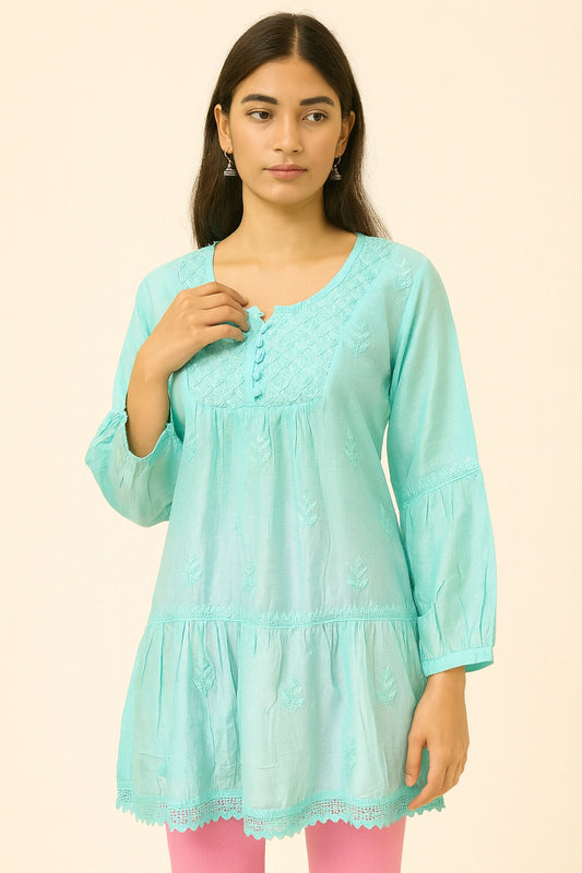 Lucknow Fashion Diary Hand Embroidered Lucknowi Chikankari Women's Green Muslin Short Kurti 