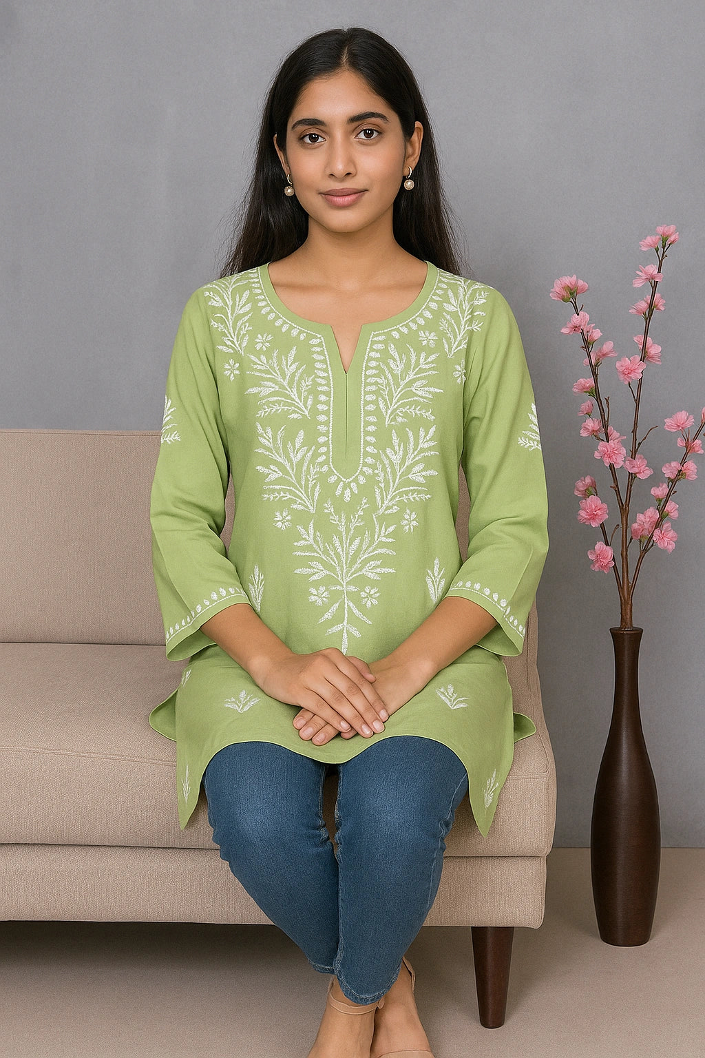 Lucknow Fashion Diary Hand Embroidered Lucknowi Chikankari Women's Green Rayon Short Kurti