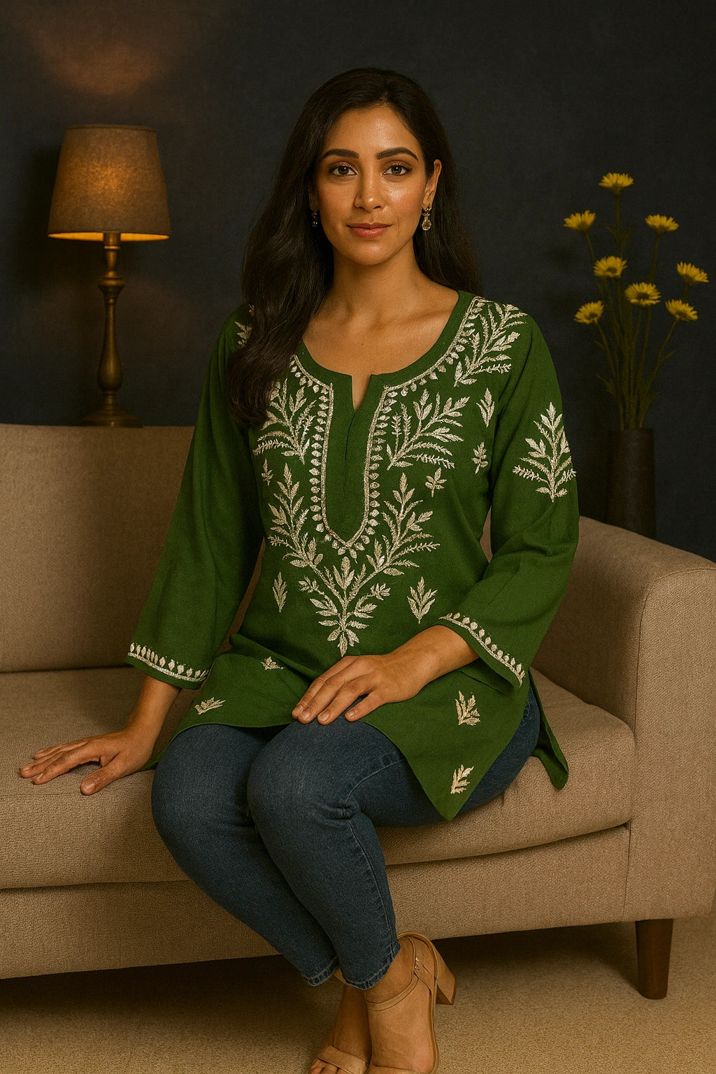 Lucknow Fashion Diary Hand Embroidered Lucknowi Chikankari Women's Green Rayon Short Kurti