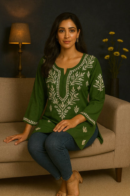 Lucknow Fashion Diary Hand Embroidered Lucknowi Chikankari Women's Green Rayon Short Kurti