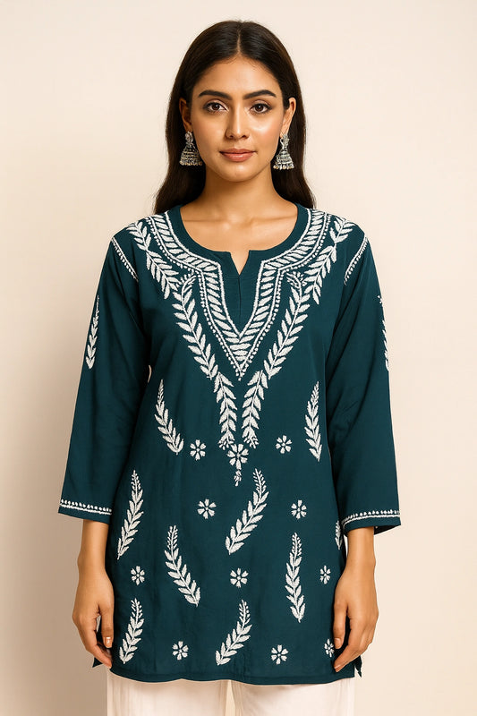 Lucknow Fashion Diary Hand Embroidered Lucknowi Chikankari Women's Green Rayon Short Kurti
