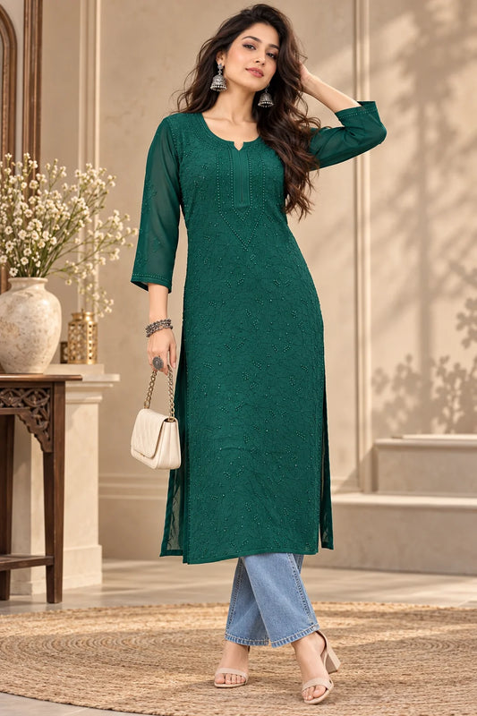 Lucknow Fashion Diary Hand Embroidered Lucknowi Chikankari Women's Green Pink Viscose Kurta