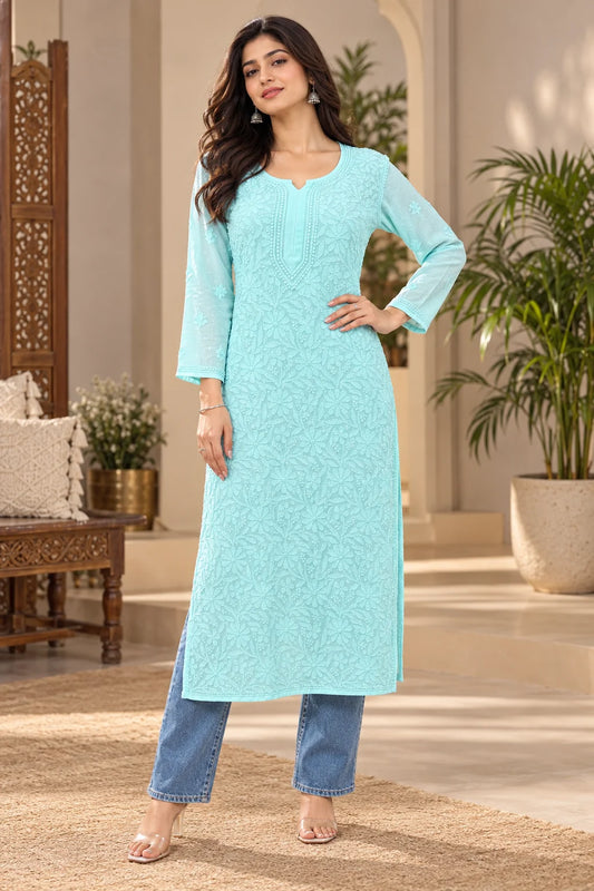 Lucknow Fashion Diary Hand Embroidered Lucknowi Chikankari Women's Green Pink Viscose Kurta