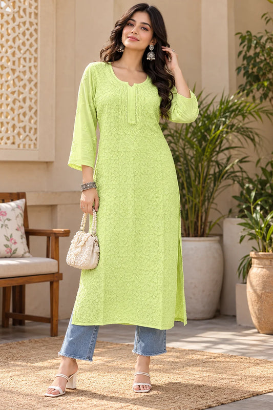 Lucknow Fashion Diary Hand Embroidered Lucknowi Chikankari Women's Green Pink Viscose Kurta