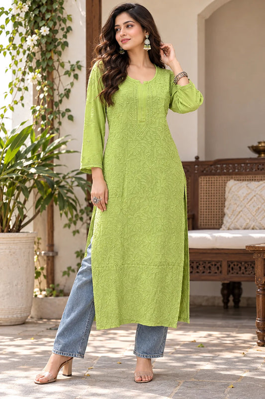Lucknow Fashion Diary Hand Embroidered Lucknowi Chikankari Women's Green Pink Viscose Kurta