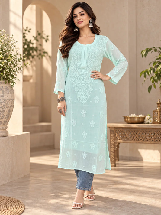 Lucknow Fashion Diary Hand Embroidered Lucknowi Chikankari Women's Green Pink Viscose Kurta