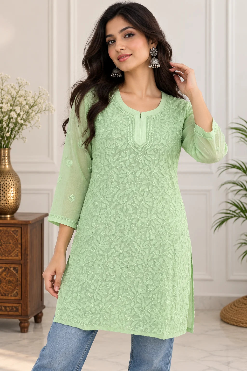 Lucknow Fashion Diary Hand Embroidered Lucknowi Chikankari Women Green Viscose Short Kurti 