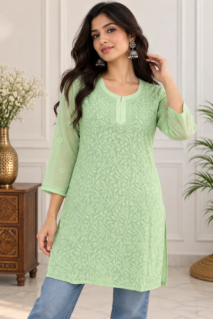 Lucknow Fashion Diary Hand Embroidered Lucknowi Chikankari Women Green Viscose Short Kurti 