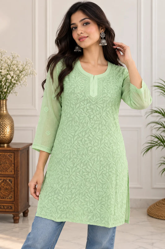 Lucknow Fashion Diary Hand Embroidered Lucknowi Chikankari Women Green Viscose Short Kurti 