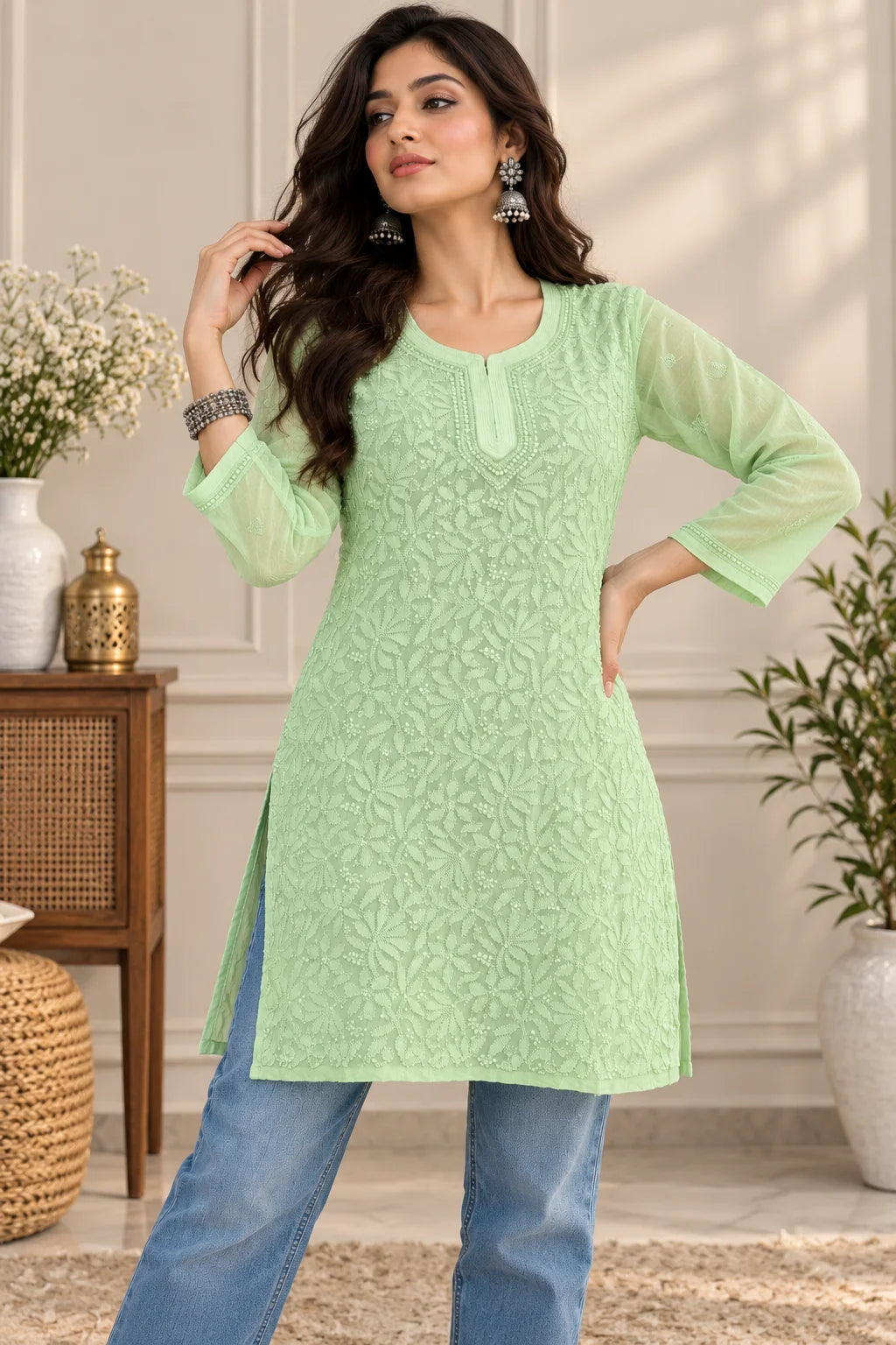Woman wearing a lucknowi chikankari green kurta with white floral patterns 