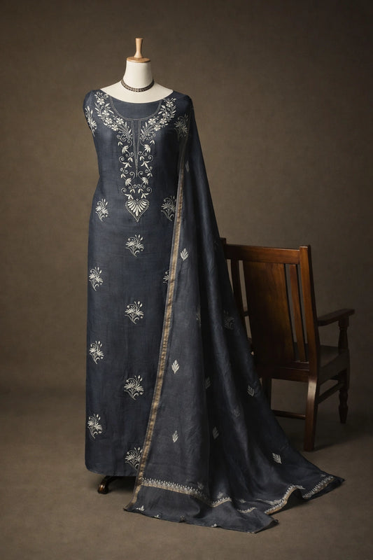 Lucknow Fashion Diary Hand Embroidered Lucknowi Chikankari Women's Unstitched Grey Chanderi Kurta Dupatta Fabric 