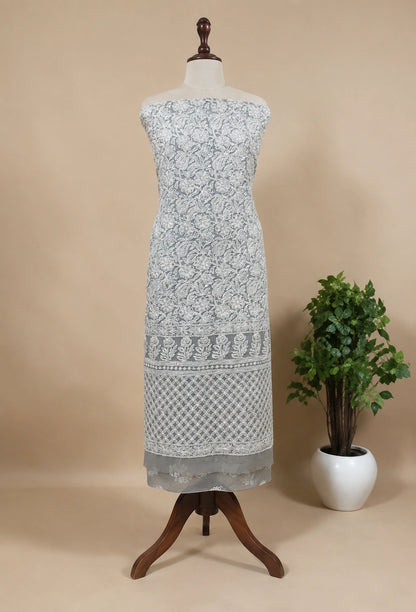 Lucknow Fashion Diary Hand Embroidered Lucknowi Chikankari Women's Unstitched Grey Georgette Kurta
 Dupatta Bottom Fabric 