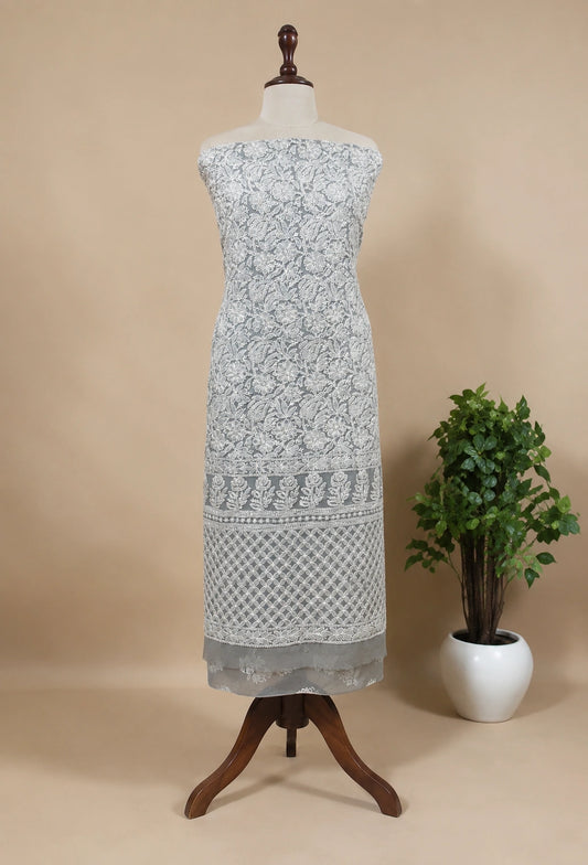Lucknow Fashion Diary Hand Embroidered Lucknowi Chikankari Women's Unstitched Grey Georgette Kurta
 Dupatta Bottom Fabric 